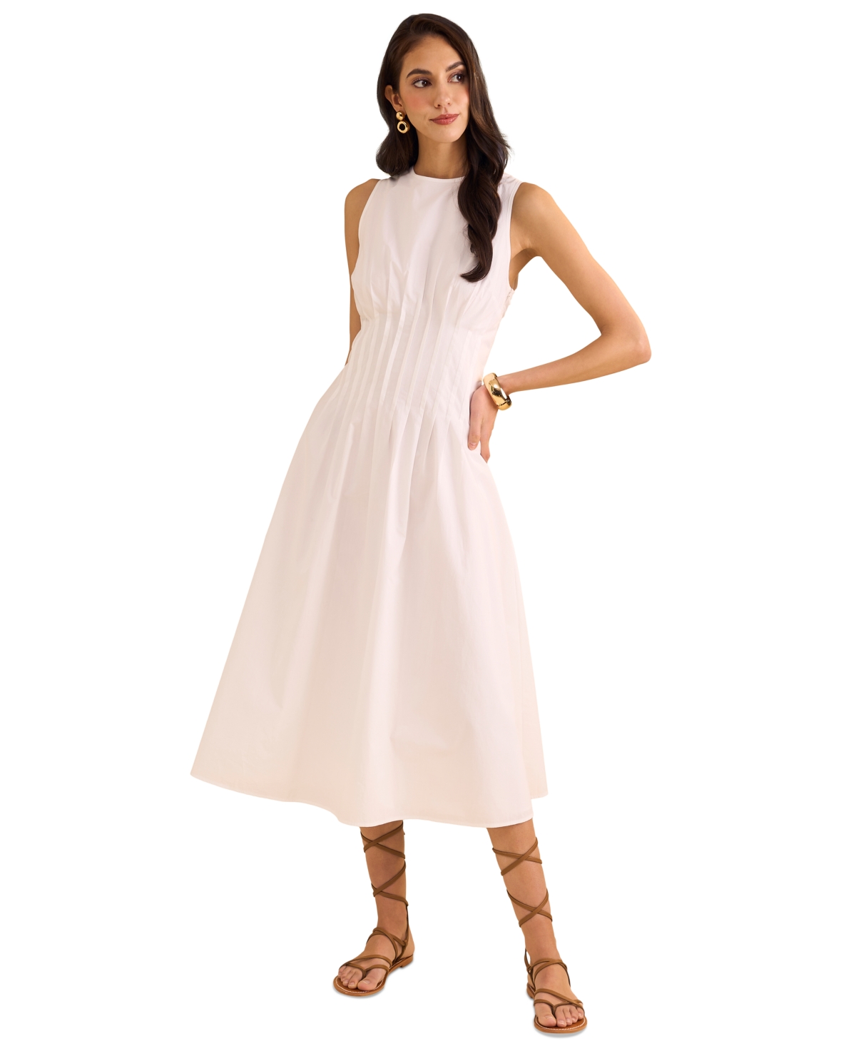 Women's Sleeveless Pintuck Cotton Midi Dress - Ultra White