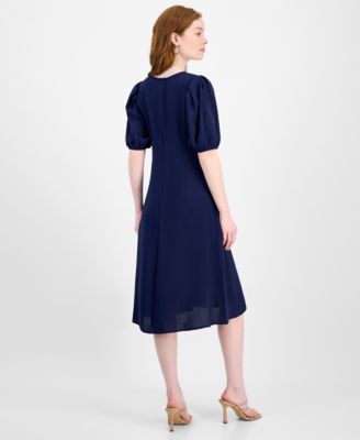 Women's Puff-Sleeve Round-Neck Midi Dress