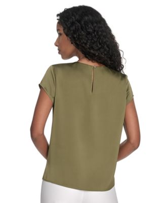 売れ筋商品|||カルバンクライン カットソー トップス レディース Women's Cap Sleeve Satin Pleat-Neck Blouse Khaki Calvin Klein Women's Cap Sleeve Satin Pleat-Neck Blouse - Macy's