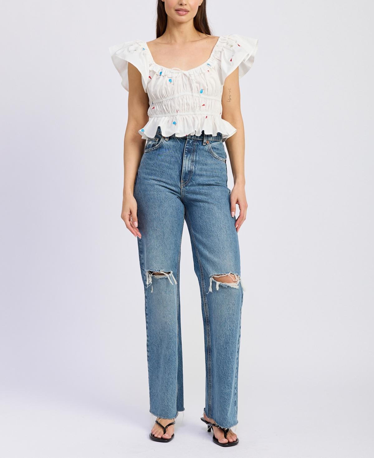 Women's Nellie Flutter-Sleeve Shirred Top - White Multi