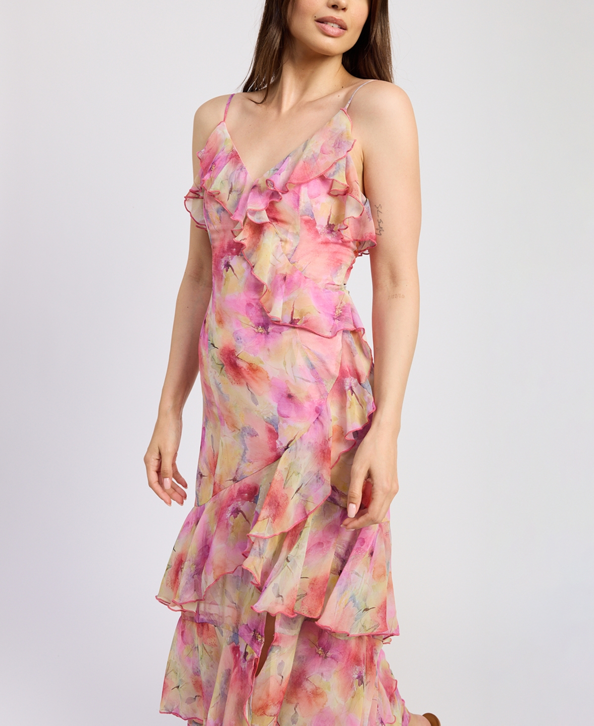 En Saison Amari Chiffon V-neck Ruffle Midi Slip Dress In Pink