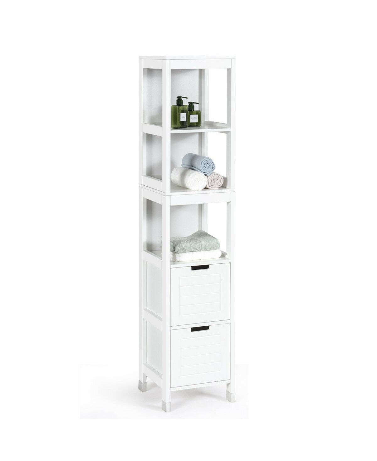 Bathroom Floor Cabinet Multifunctional Storage Organizer 5Tier Shelves&2 Drawers - White