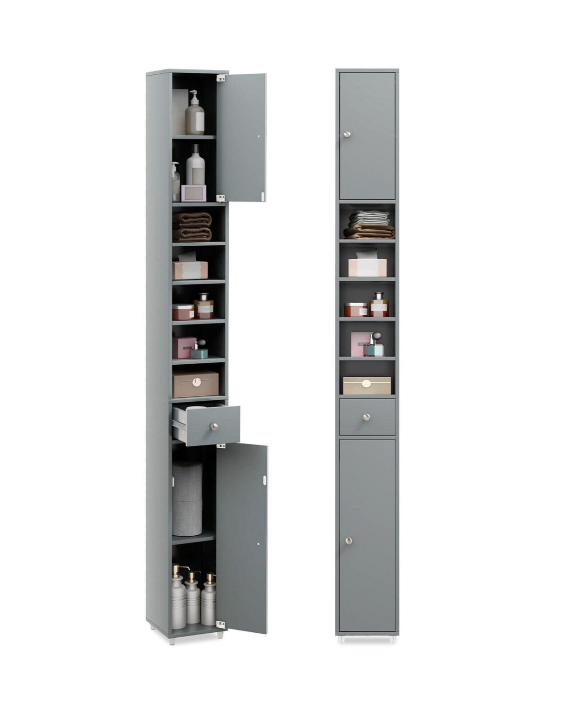 Tall Slim Bathroom Storage Cabinet Linen Tower w/Drawer Adjustable Shelves Black - Black
