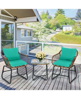 3PCS Patio Rattan Bistro Set Cushioned Chair Glass Table Deck