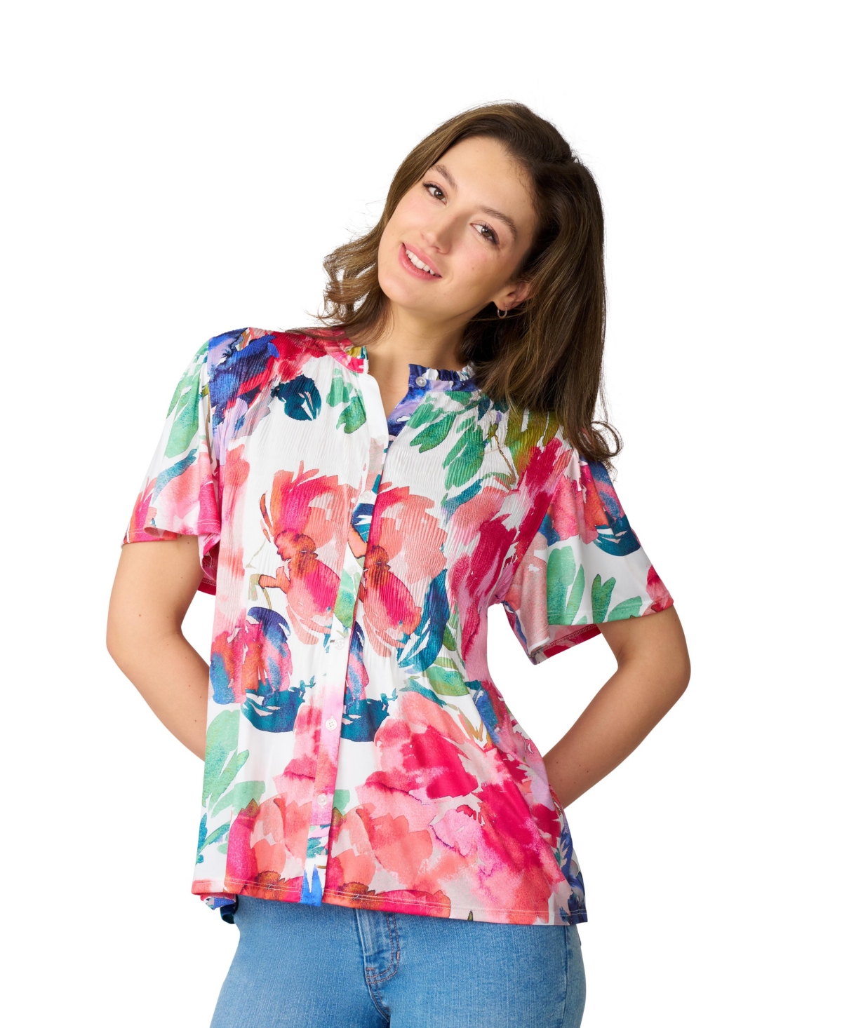 Women's Flutter Sleeve Pleated Top - Multi watercolor flower