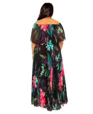 Plus Size Floral Off Shoulder Pleated Maxi Dress