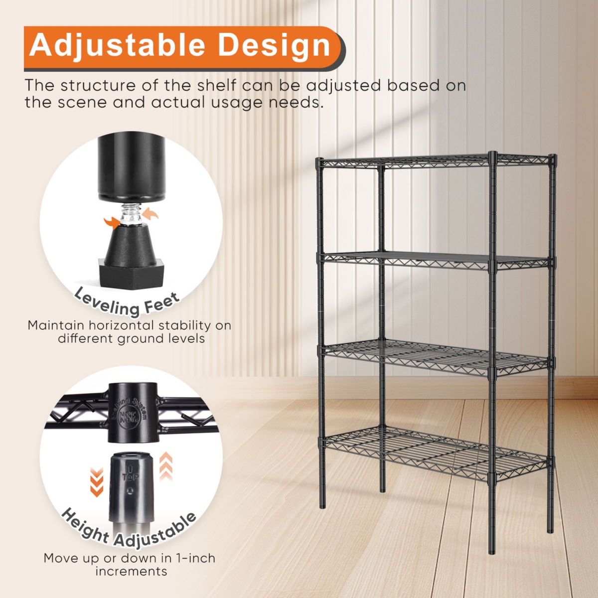 Storage Shelving Unit, Adjustable Metal Wire Racks Heavy Duty Standing Shelf Organizer for Kitchen