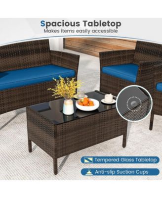 Set of 4 Furniture Set w/ Washable Cushions & Tempered Glass Coffee Table