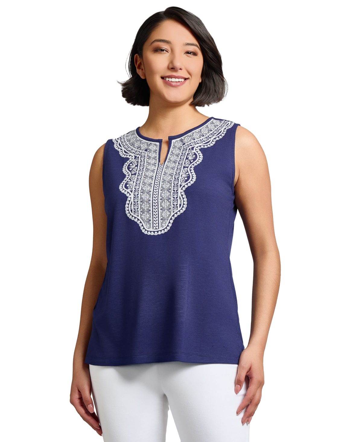 Jones New York Embroidered Sleeveless Top In Blue