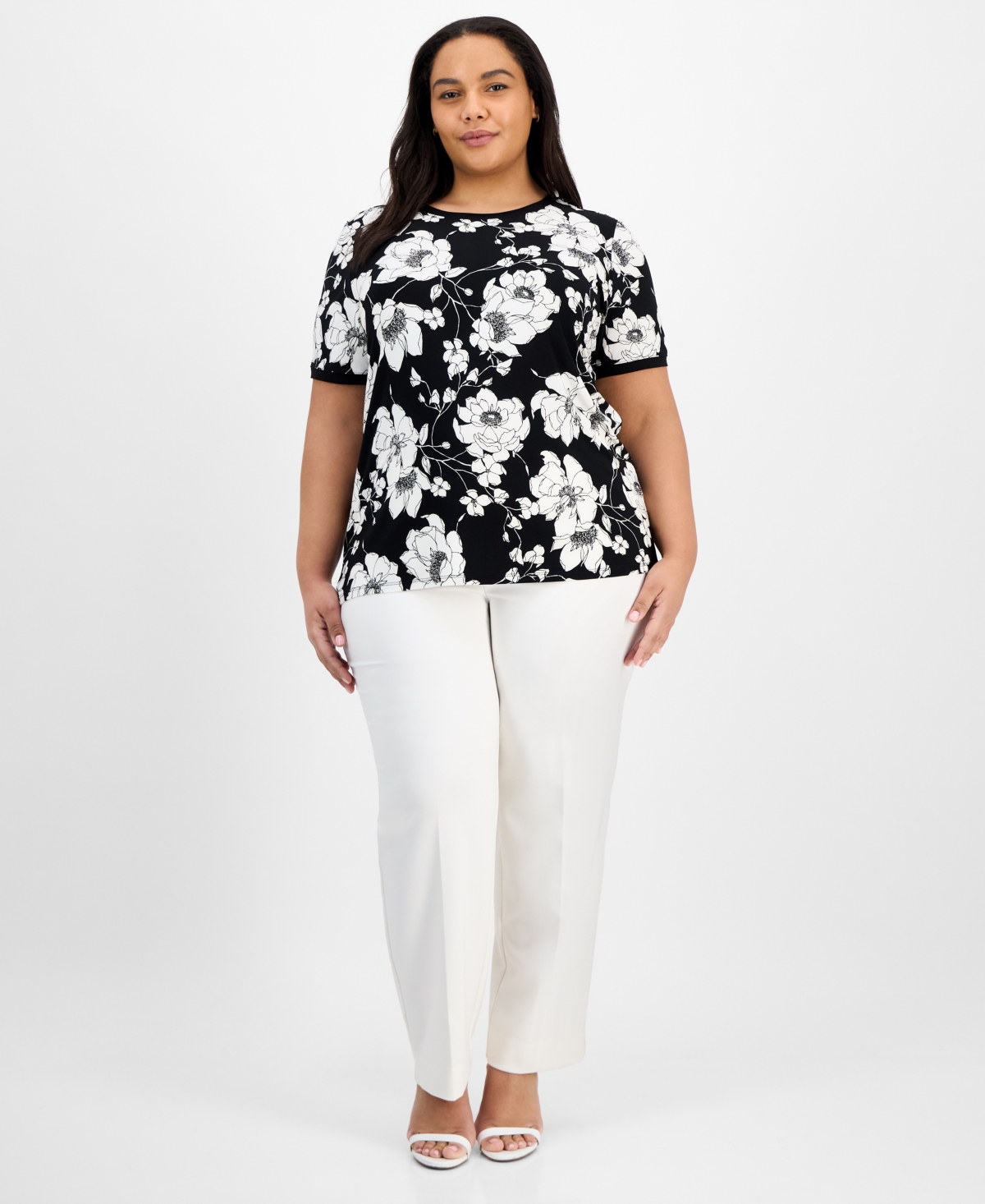Ak Anne Klein Plus Size Printed Button-back Short-sleeve Top