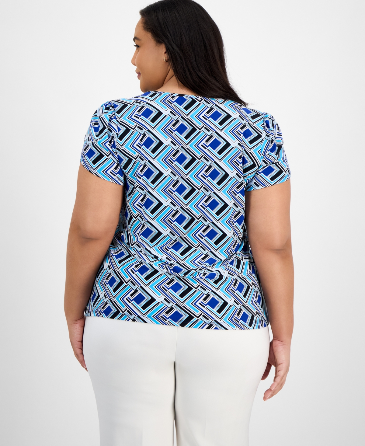 AK ANNE KLEIN PLUS SIZE PRINTED TULIP-SLEEVE BLOUSE 