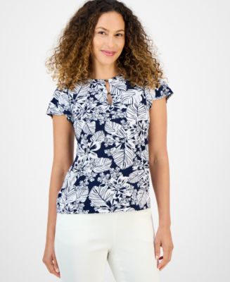 売れ筋商品|||ジョーンズニューヨーク カットソー トップス レディース Petite Botanical-Print Keyhole Top Pacific Navy Multi Jones New York Petite Botanical-Print Keyhole Top - Macy's