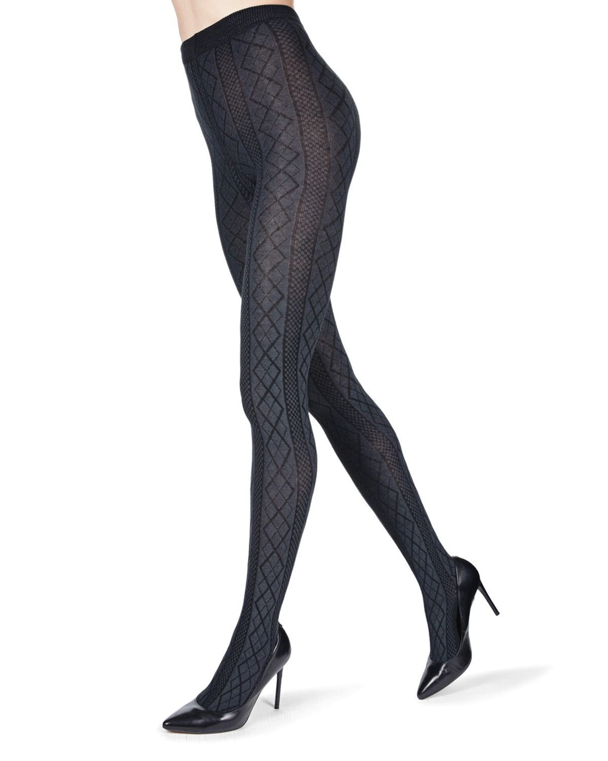 Women's Crossing Diamond Patterned Sweater Tights Mo-389 - Navy Blaze