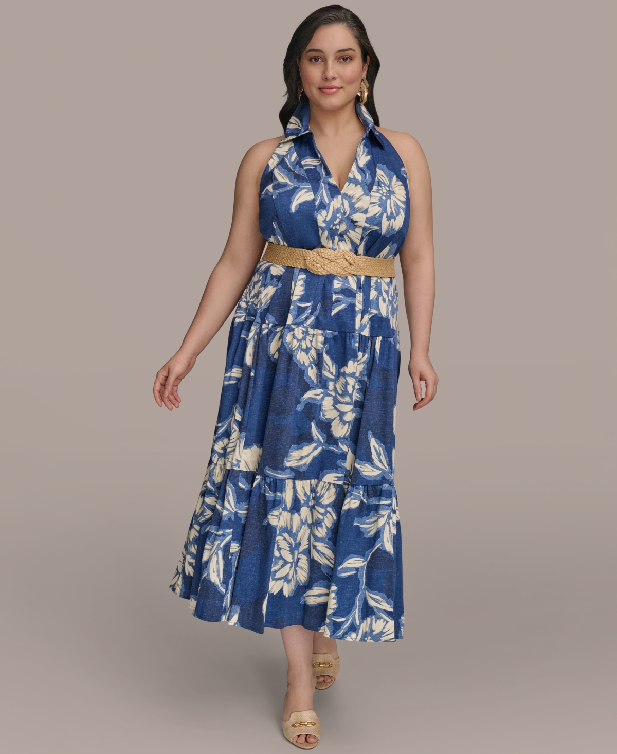 Donna Karan Plus Size Halter Belted Midi Dress