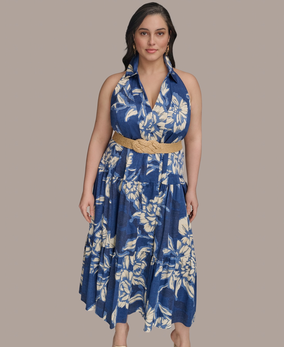 Donna Karan Plus Size Halter Belted Midi Dress