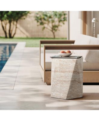 Outdoor Accent Side Table, 18'' Travertine-Style Irregular Textured Cement Patio End Table