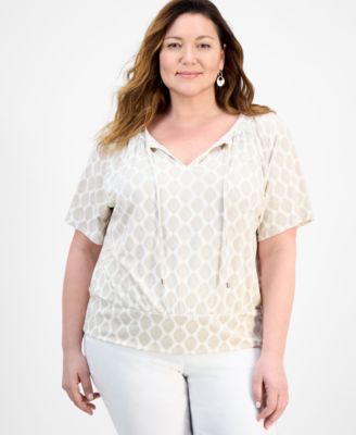 Plus Size Printed Tie Split Neck Top, Exclusively at Macy's