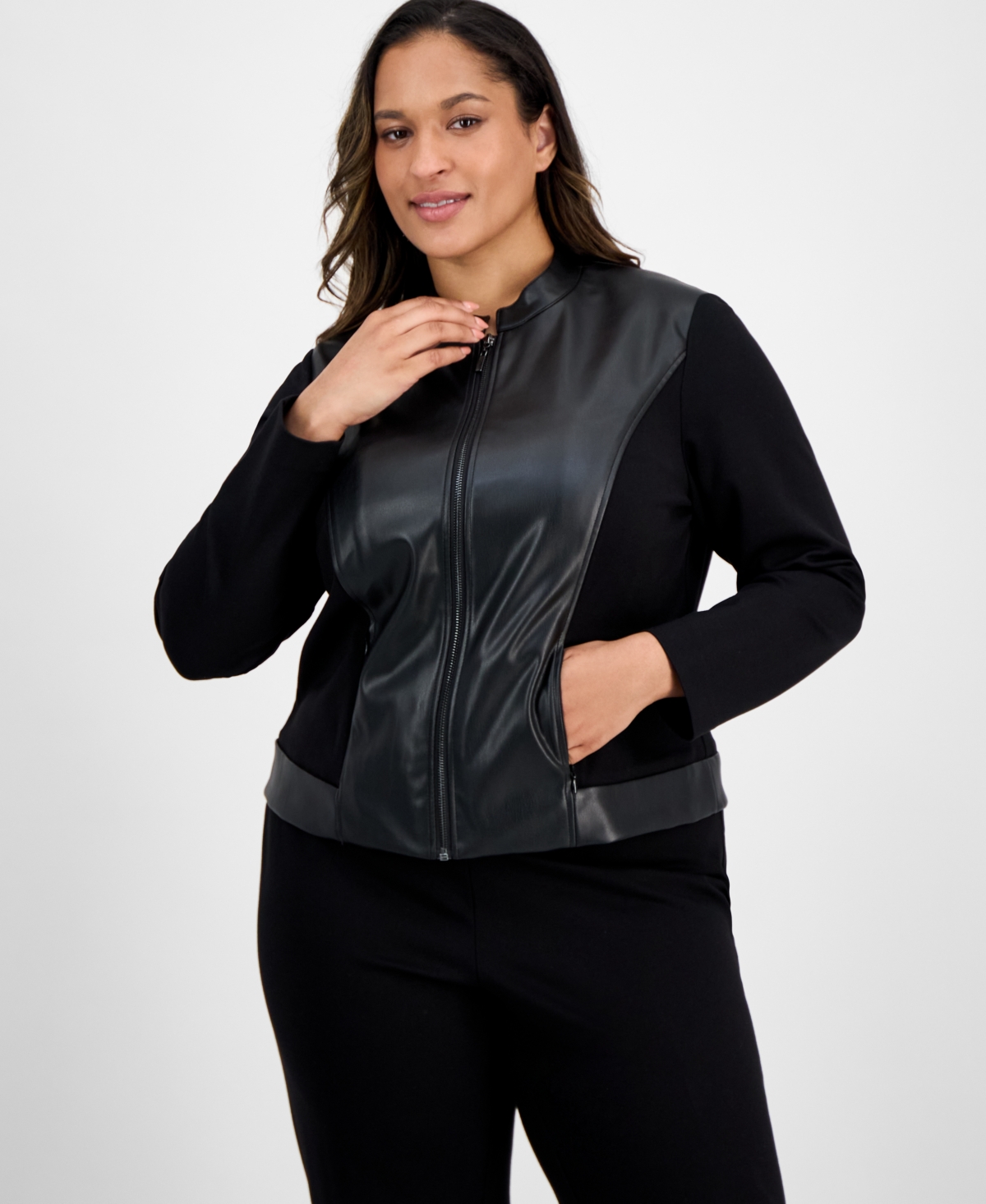Ak Anne Klein Plus Mixed-Media Zip-Front Jacket
