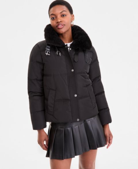 Женские куртки DKNY Faux-Fur-Collar Zip-Front Puffer Coat