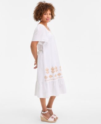 Women's Cotton Gauze Embroidered-Trim Square-Neck Midi Dress, Exclusively at Macy's