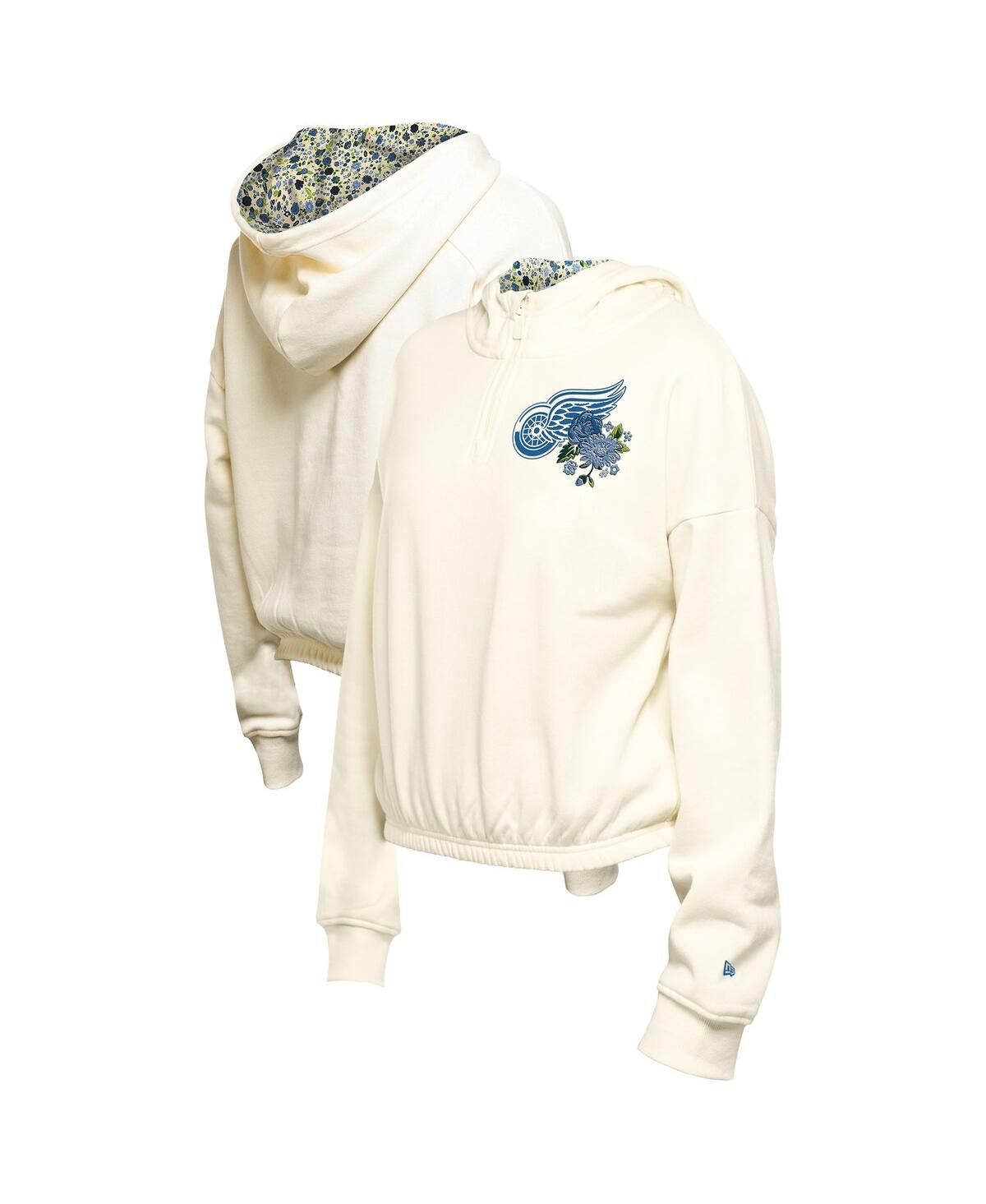 NEW ERA WOMEN'S CREAM DETROIT RED WINGS GLAM GAME QUARTER-ZIP CROPPED FLORAL PULLOVER HOODIE 