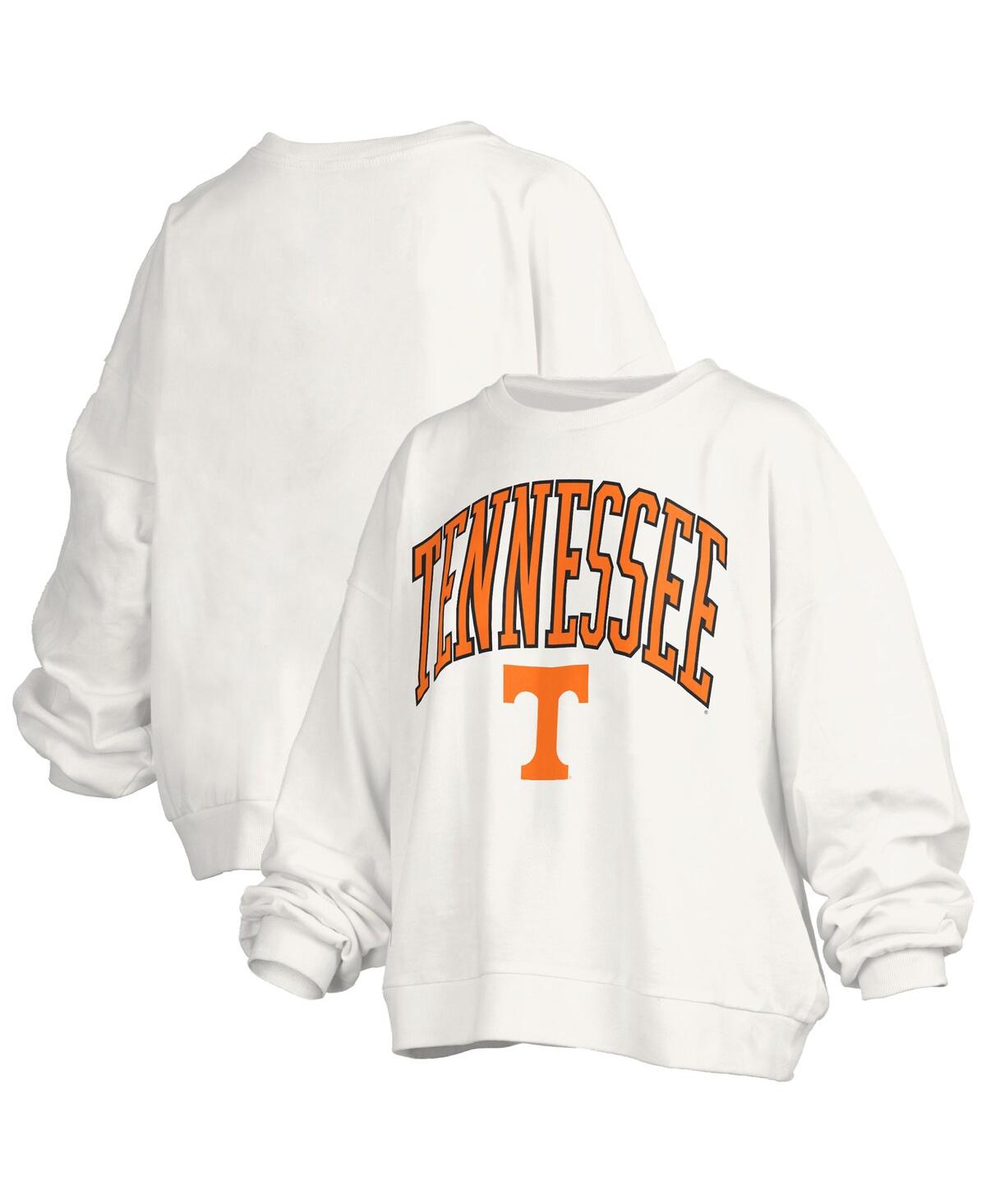 PRESSBOX WOMEN'SÂ WHITE TENNESSEE VOLUNTEERS JANISE ARCH OVER LOGO WAIST LENGTH OVERSIZED PULLOVER SWEATSHIRT 
