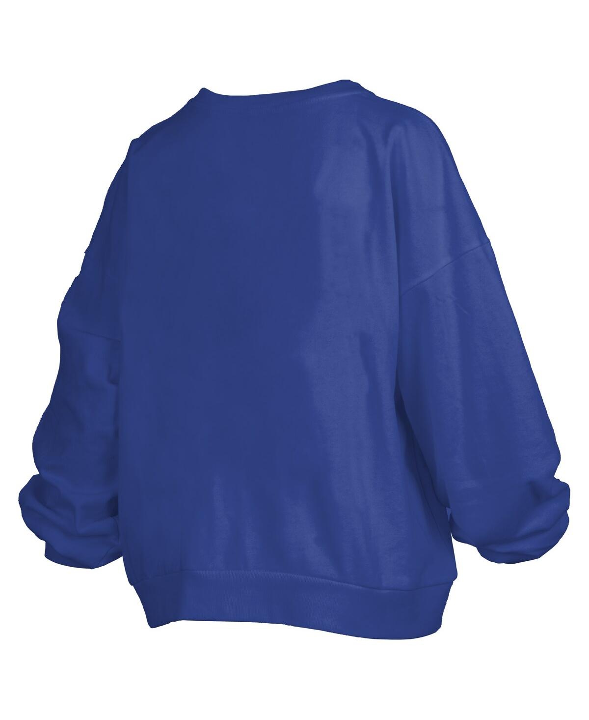 PRESSBOX WOMEN'SÂ ROYAL FLORIDA GATORS JANISE ARCH OVER LOGO WAIST LENGTH OVERSIZED PULLOVER SWEATSHIRT 