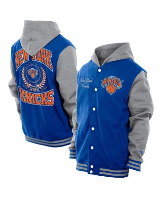 New Era - Men's Blue New York Knicks Throwback Prep Chenille Full-Snap Hooded Varsity Jacket