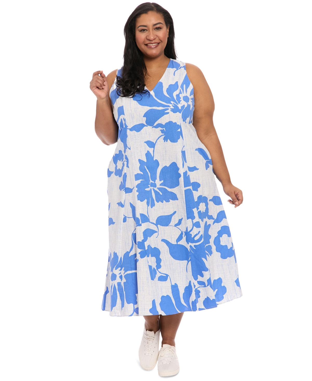 London Times Plus Size V-neck Sleeveless Midi Dress