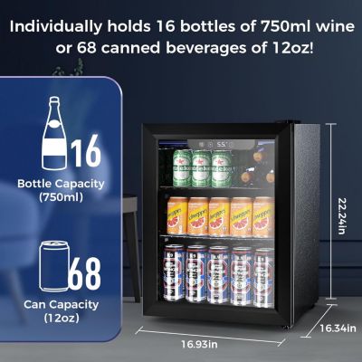 1.7 Cu.ft Beverage Refrigerator Cooler, 68 Can Mini Fridge Glass Door with Adjustable Shelves, Digital Temperature Display, Freestanding Small Drink Fridge for Home, Office or Bar(Black)