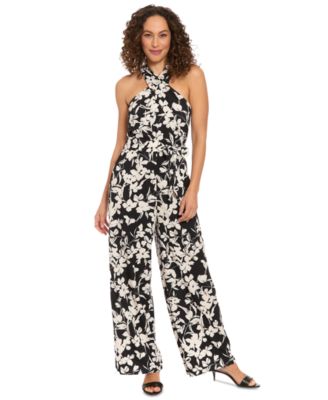 London Times - Petite Cross-Neck Tie-Waist Sleeveless Jumpsuit