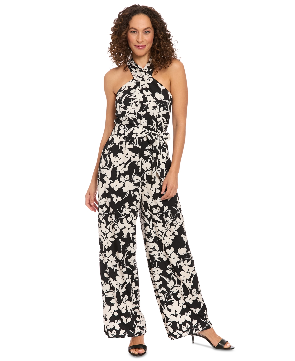Petite Cross-Neck Tie-Waist Sleeveless Jumpsuit - Blsck White