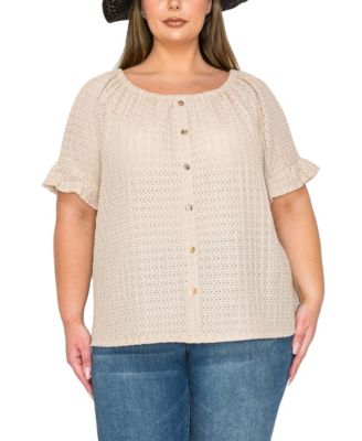 Plus Size Eyelet Jersey Button Front Ruffle Sleeve Peasant Top
