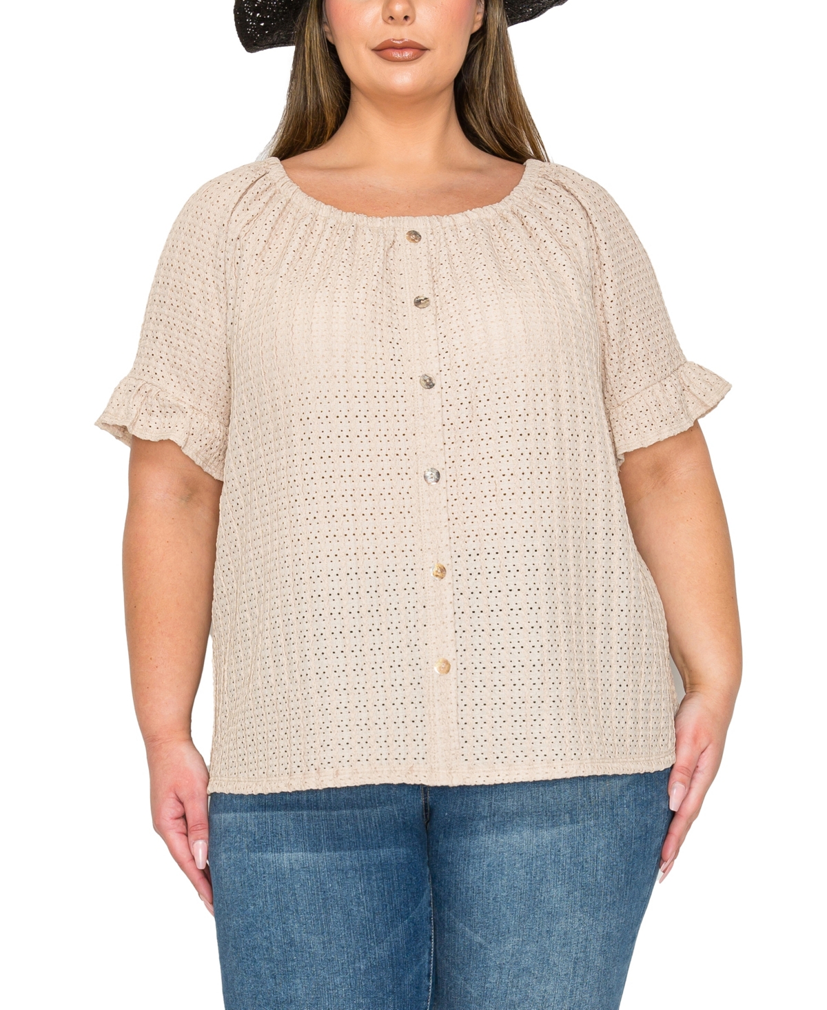 Coin 1804 Plus Size Eyelet Jersey Button Front Ruffle Sleeve Peasant Top In Taupe