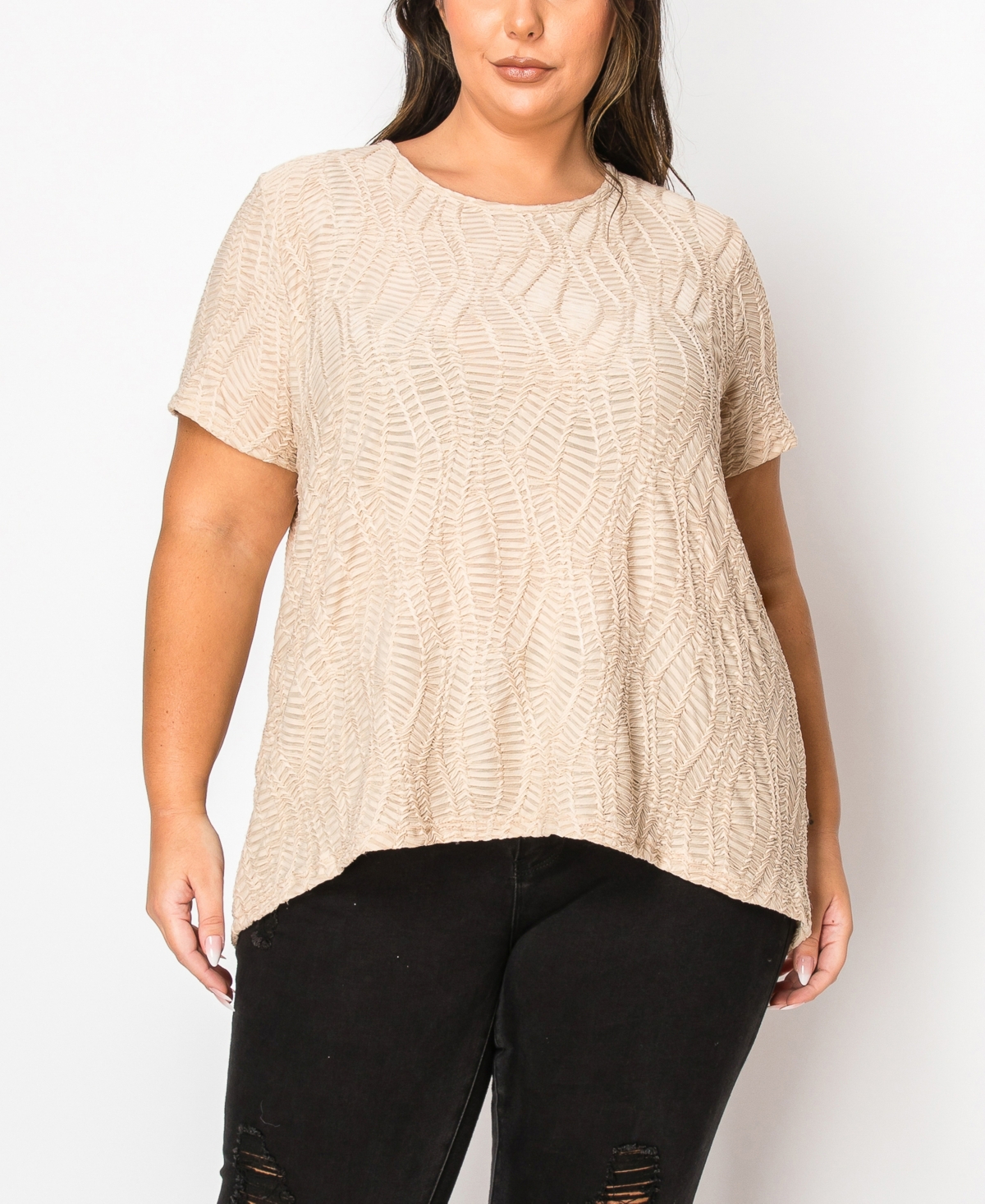 Plus Size Spiral Wave Texture Short Sleeve Button Back Top - Ivory
