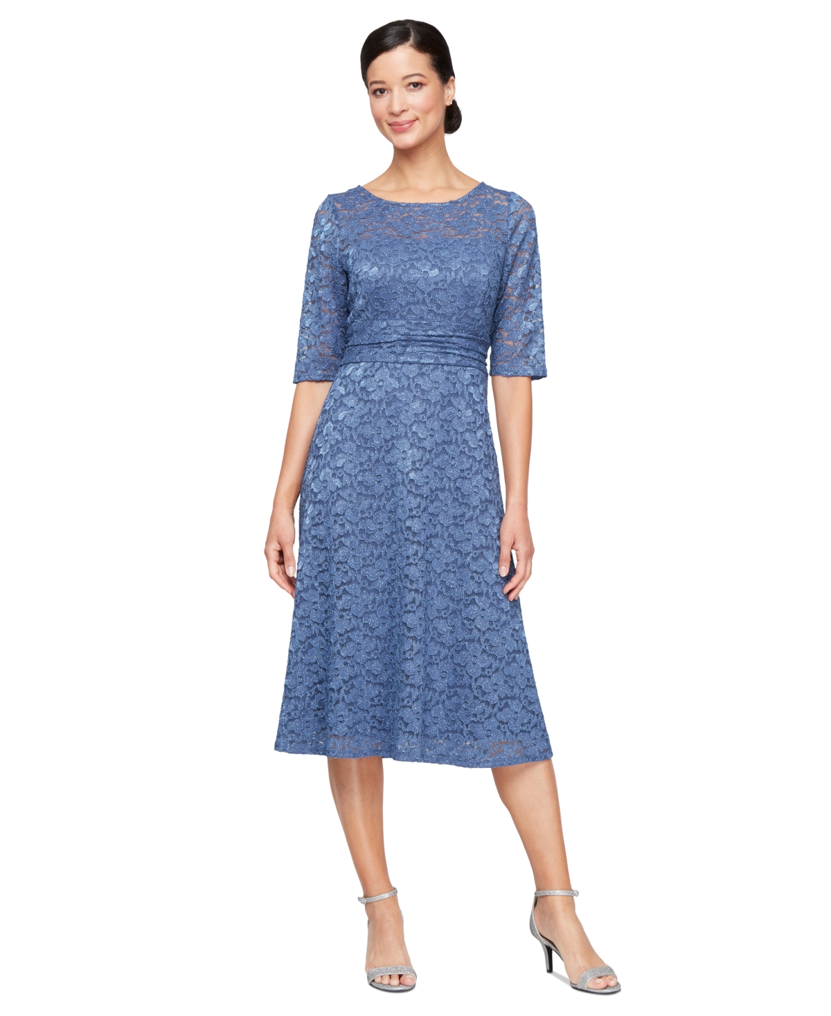 Women's Glitter-Lace Elbow-Sleeve A-Line Dress - Wedgewood