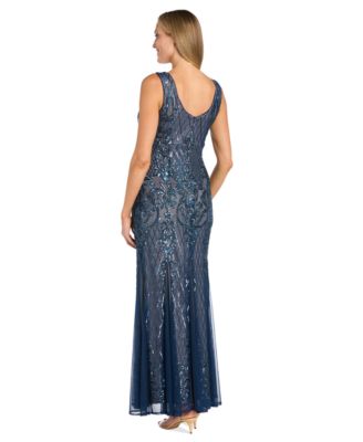 Women's Beaded Godet-Mesh V-Neck Gown