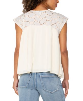 Women's Cotton Eyelet-Yoke Gauze Top