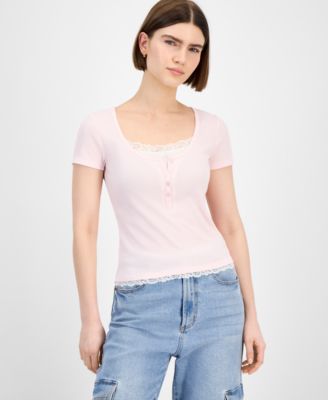 Juniors' Lace-Trim Layered Henley T-Shirt