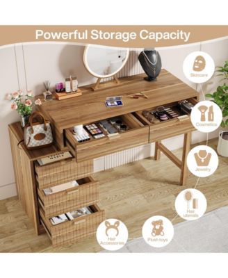 Modern Vanity Desk with Storage,Makeup Vanity Desk with 5 Drawers,(Without Mirror), Walnut Brown