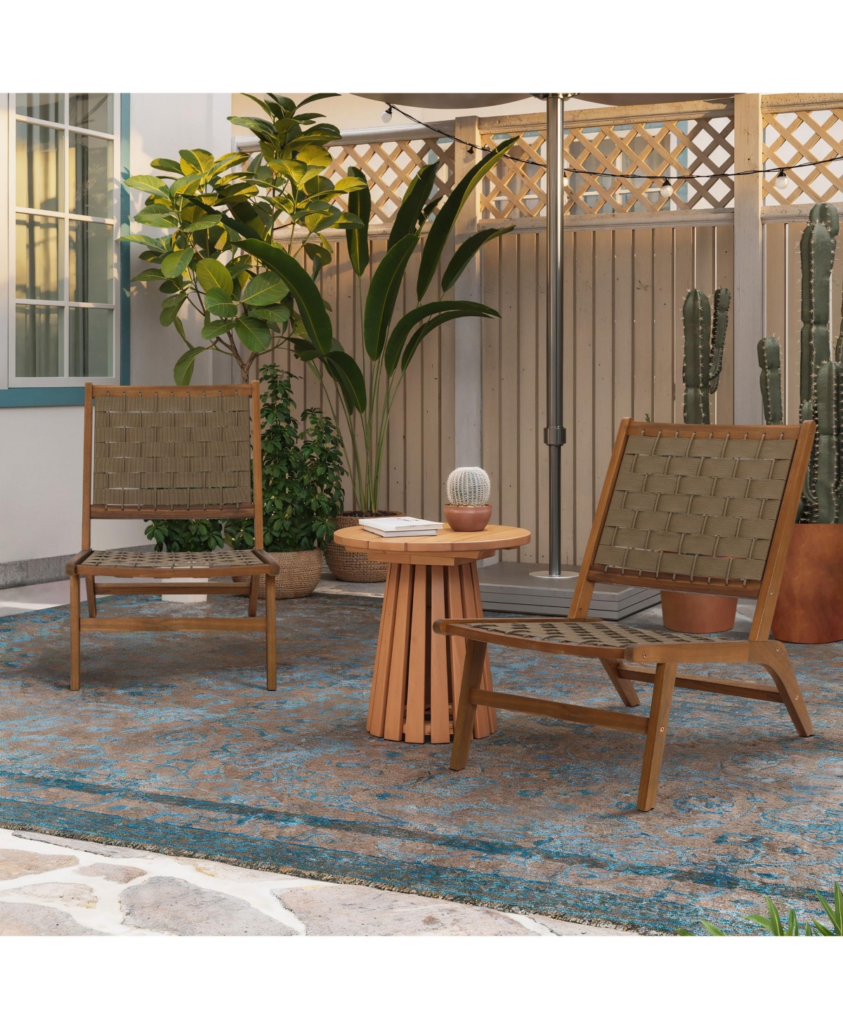 LuxenHome Outdoor Acacia Wood Woven Back and Seat Armless Deck Chair