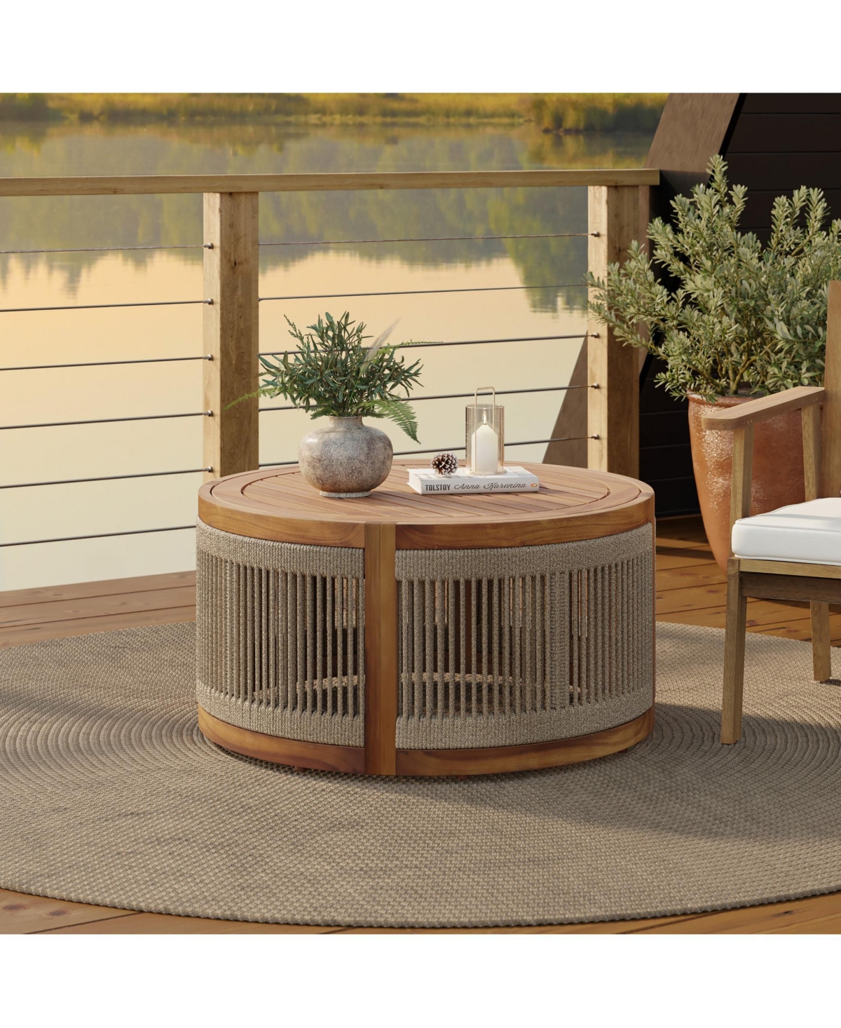 LuxenHome Outdoor Acacia Wood Rope Sides Round Drum Coffee Table