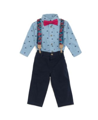 Baby Boys Marvel Spider-Man Button Down Shirt Twill Pants Suspenders and Bow-Tie 4 Piece Outfit Set to