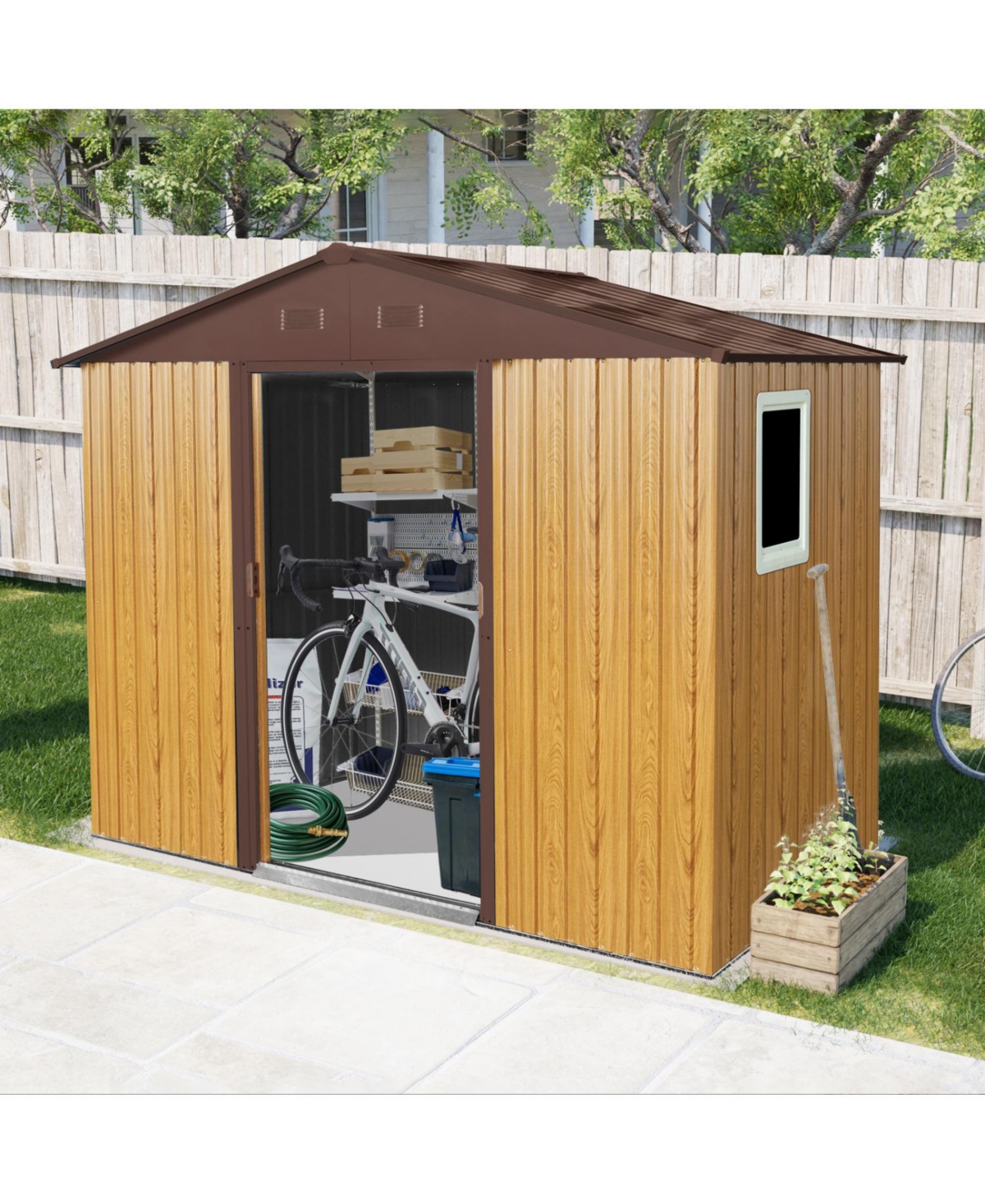 8 ft x 4 ft Outdoor Metal Storage Shed with Window and Metal Foundation for Backyard, Patio, Lawn (Coffee) - Coffee