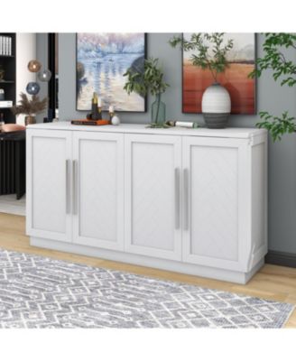 White Sideboard Cabinet with 4 Doors, Adjustable Shelves, and Silver Handles
