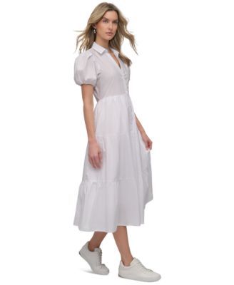 DKNY Women's Puffed-Sleeve Tiered Shirtdress