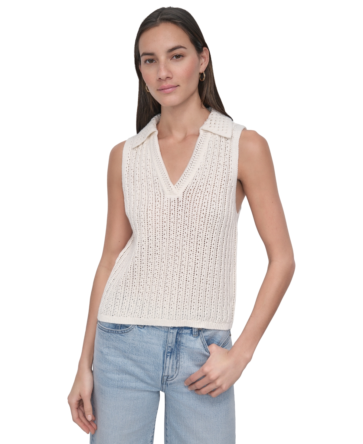 DKNY JEANS WOMEN'S LACEY STITCH COLLARED SLEEVELESS SWEATER 