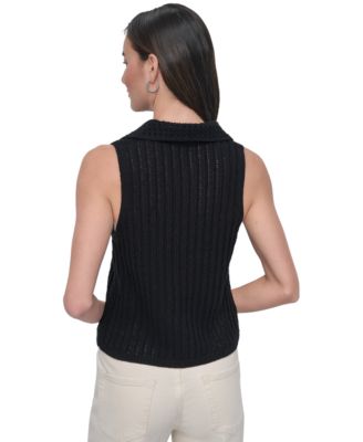Women's Lacey Stitch Collared Sleeveless Sweater