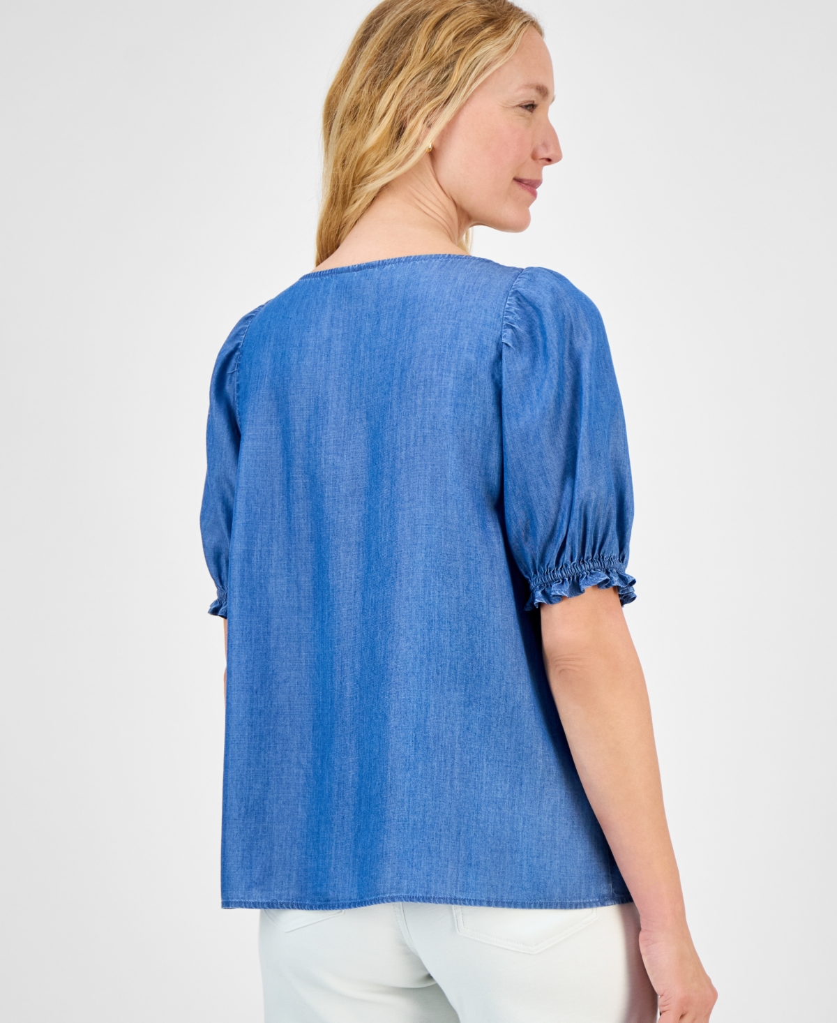 Style & Co Women's Chambray Square-neck Smocked Top, Exclusively At Macy's