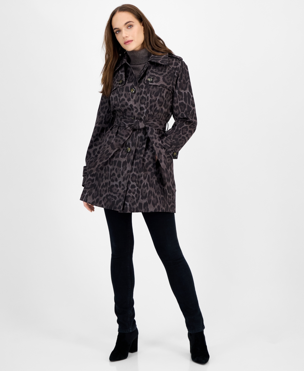 Women's Hooded Belted Zip-Front Raincoat - Leopard